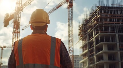 Construction worker operating a crane on a building site. Featuring focus and control