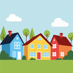 Naklejka premium Colorful geometric houses in sunny neighborhood, community harmony