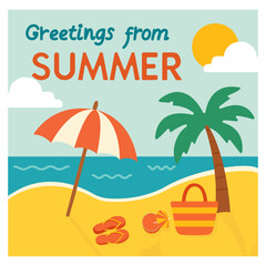 Summer beach illustration: a sandy beach with a palm tree, a red-and-white umbrella, flip-flops, a bag, and the sea, with the inscription 