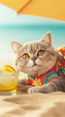 Pet friendly tropical travel and cocktail lifestyle concept. Cute cat in a tropical shirt with a cocktail on the beach