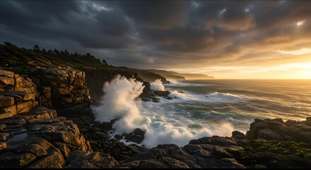 Fototapeta premium Cliffside coastal landscape with waves crashing on rocks and dramatic clouds in the sky