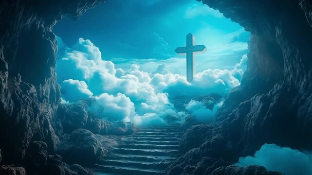 A glowing cross stands among the clouds at the end of a rocky staircase leading from a cave. Concept of divine salvation and spiritual ascent.