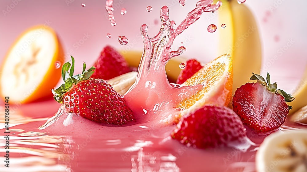 Aufkleber dynamic fruit juice splash featuring strawberries and bananas in a refreshing moment : generative ai