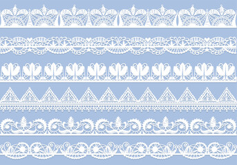 Lace borders. Decorative ornaments, vintage cotton lace, fabric patterned line, slotted ribbons with holes, beautiful paper tapes, textile classic embroidery, splendid vector isolated set