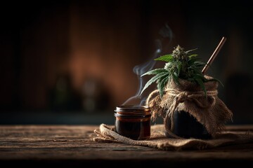 Herbal infusion in rustic setting with cannabis and steaming drink in jar