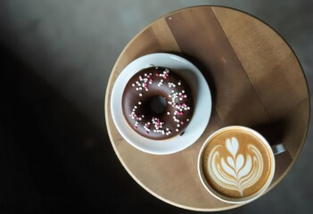 Chocolate Donut and Latte Art Coffee on Wooden Tabletop