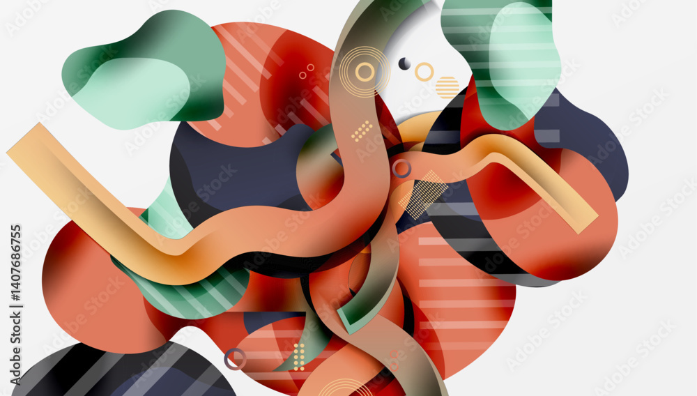 Poster abstract composition featuring overlapping organic shapes, lines, circles. warm colors dominate, con