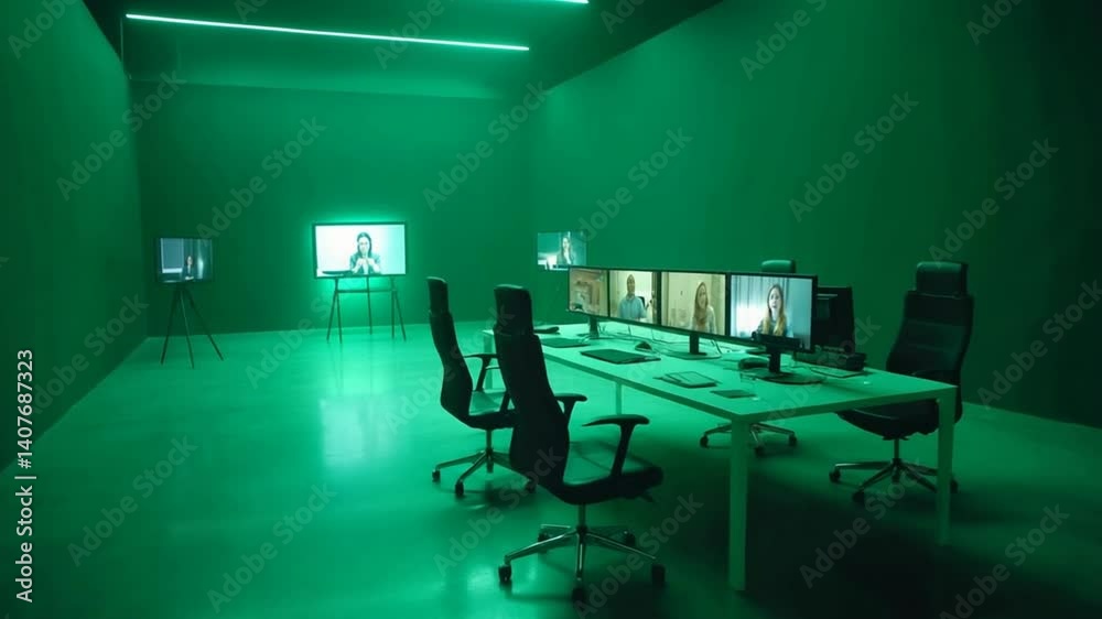 Poster group video conference with multiple monitors in a modern setup generative ai