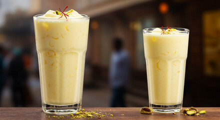 Creamy Mango Lassi Refreshing Drink Saffron Pistachios Two Sizes Blurred Background