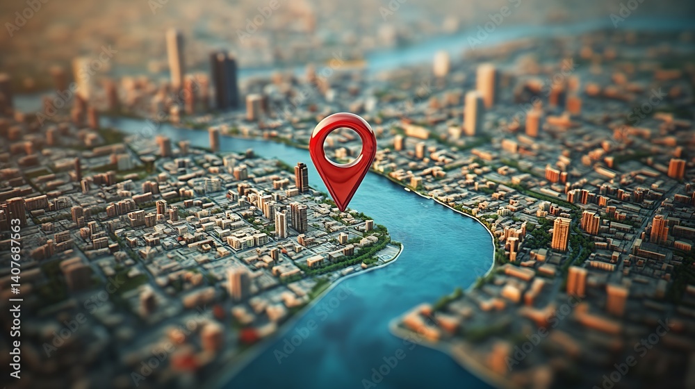 Aufkleber Elegant scenic view of a city with a focal location pin and sparkling waterways for easy navigation : Generative AI