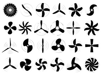 Air propeller icons. Motor blades rotating, turbine rotary, boat motor elements, spinning ventilators silhouettes, conditioning pictogram shape, logo design qualitative vector isolated set © YummyBuum