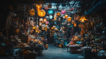 Vibrant marketplace filled with colorful lanterns and traditional goods during the evening in a bustling bazaar