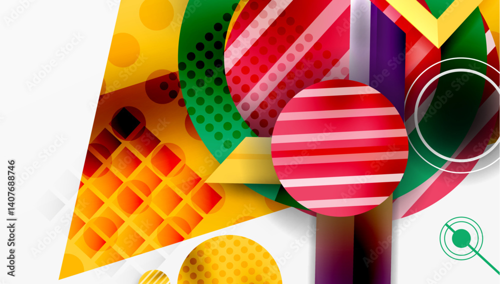 Poster Abstract geometric composition. Vibrant colors, overlapping shapes create dynamic visual experience. Circles, squares, triangles dominate design. Modern, playful aesthetic.