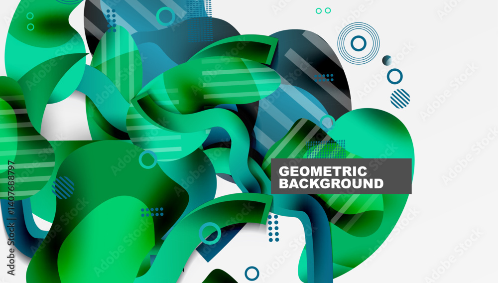Poster abstract design features flowing shapes, vibrant greens, blues. geometric elements create dynamic co
