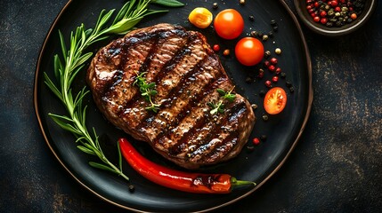 Juicy grilled ribeye steak served on black plate with fresh rosemary, cherry tomatoes, chili pepper, and peppercorns against dark rustic background