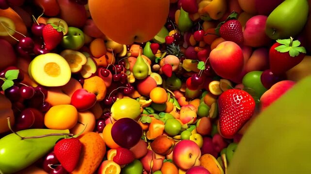 Vibrant cascade of fresh fruits surging in colorful motion