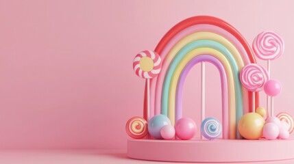 Sweet Rainbow Candy Land: A Delightful 3D Render of a whimsical candy-themed rainbow arch with lollipops and pastel spheres against a pink backdrop.