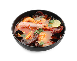 Delicious seafood soup in bowl isolated on white