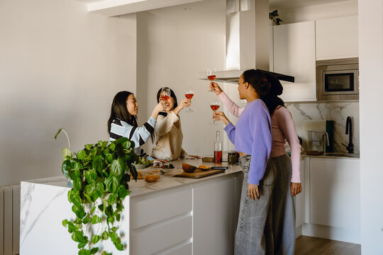 Four young female friends toast with glasses of red wine at a table in a bright kitchen, where a houseplant sits before them. Concept of home gatherings with friends, a women's party.