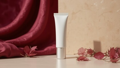 Cosmetic Tube Mockup with Red Floral Elements and Cream Smears on Beige Background &ndash; Skincare Product Branding Template