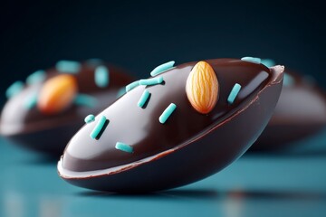 Delicious chocolate confectionery pieces decorated with blue sprinkles and almonds displayed on a dark surface