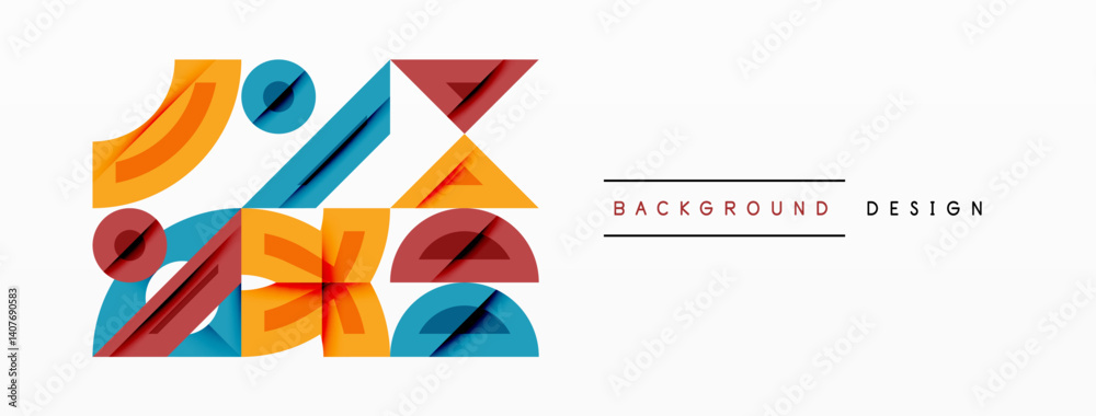 Poster abstract geometric shapes overlap, creating dynamic composition. orange, red, blue hues dominate des