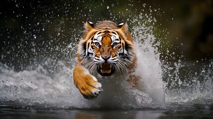 Bengal tiger charges through shallow water creating dramatic splash during hunt in natural habitat © James