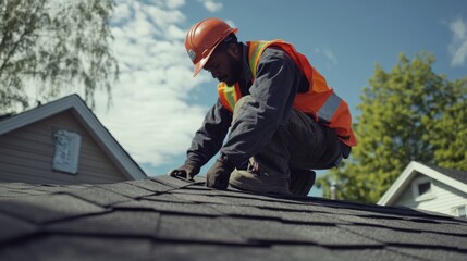 Roofing technician inspecting roof for damage. Featuring safety and thoroughness