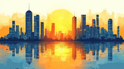 Obraz premium Vibrant sunset reflecting on a city skyline with silhouettes of skyscrapers and water