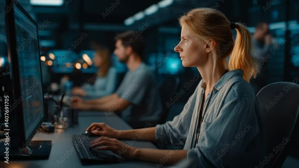 Poster dedicated female it programmer in data center generative ai