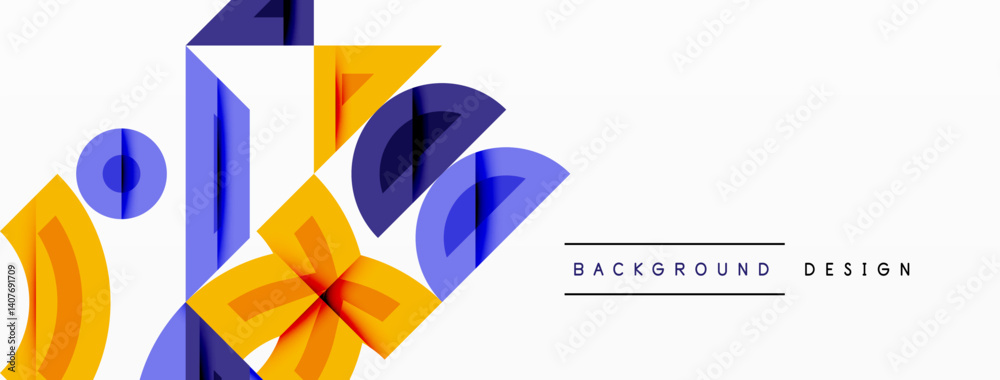 Poster Abstract geometric composition. Yellow, blue shapes overlap creating dynamic visual effect. Minimalist design suitable for backgrounds, modern graphics.