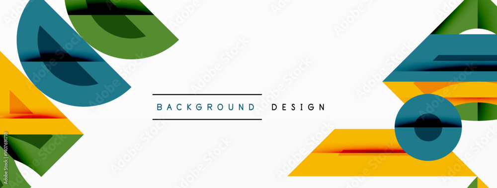 Poster abstract geometric shapes dominate composition. yellow, green, blue hues create dynamic visual inter