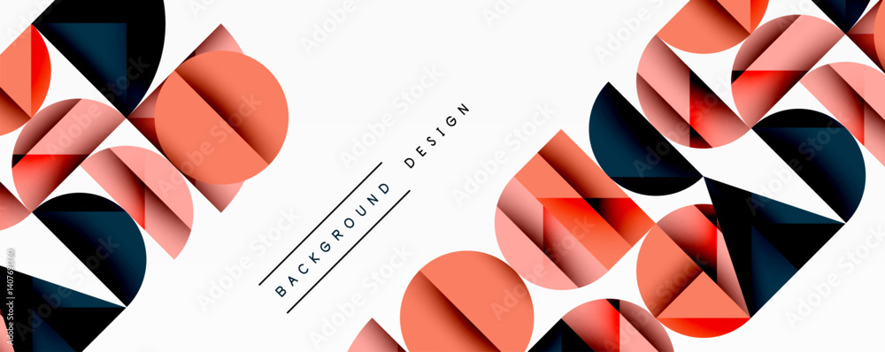 Poster abstract geometric pattern features overlapping circles, squares, triangles. red, black, coral hues 