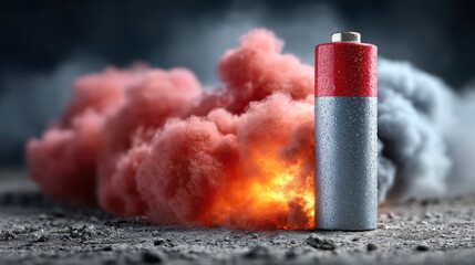 Exploding Battery with Smoke and Fire on Rough Surface