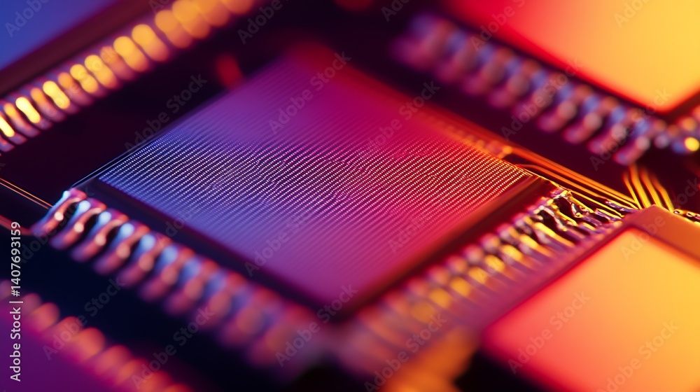 Aufkleber Macro shot of microchip with intense color saturation and superb detail highlighting its engineering : Generative AI