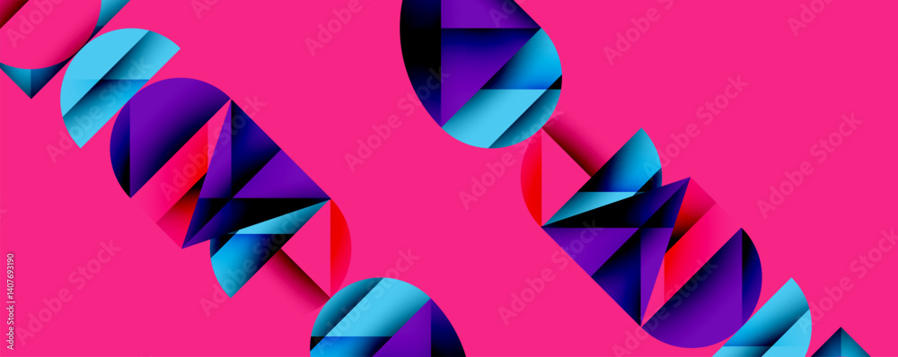 Poster abstract geometric shapes, vibrant blues, purples, reds against bright pink backdrop. modern design,