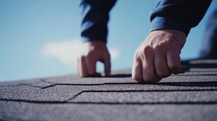 Roofing technician inspecting shingles on roof. Featuring focus and safety