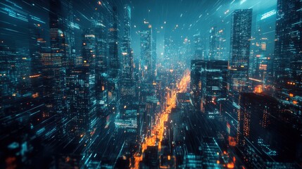 Fototapeta premium Vibrant city skyline illuminated with colorful lights during nighttime