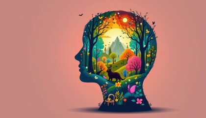 Whimsical Forest Scene Create a silhouette of a head filled with a whimsical forest, featuring magical creatures and vibrant colors.