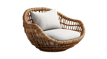 Modern Rattan Chair with Soft Pillows Isolated on White Background