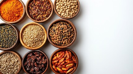 Assorted Spices in Wooden Bowls on White Background