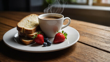 Toast with Sliced Banana Butter and Strawberry Served with Coffee