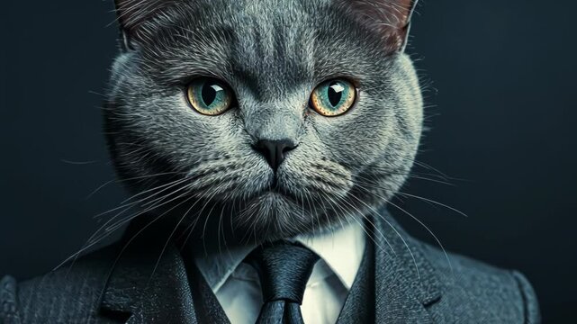 A cat is wearing a suit and tie and has a serious expression on its face. Concept of formality and professionalism, as if the cat is attending a business meeting or a formal event