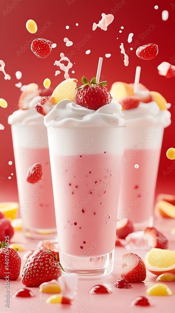 Poster Fruity strawberry banana shake with whipped topping and a splash effect providing a playful vibe : Generative AI