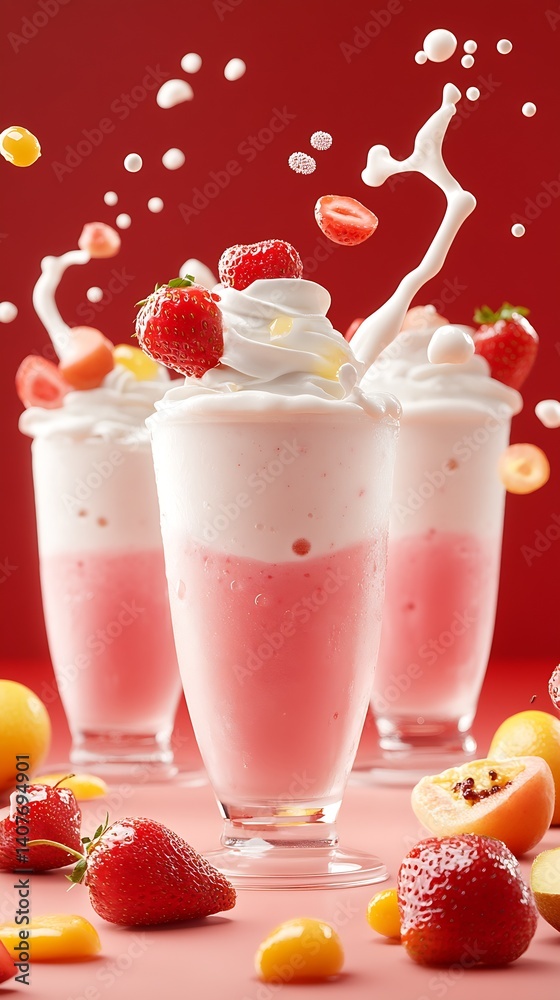 Poster decadent strawberry smoothie with peach and cherry elements showcased in an artistic splash for a vi