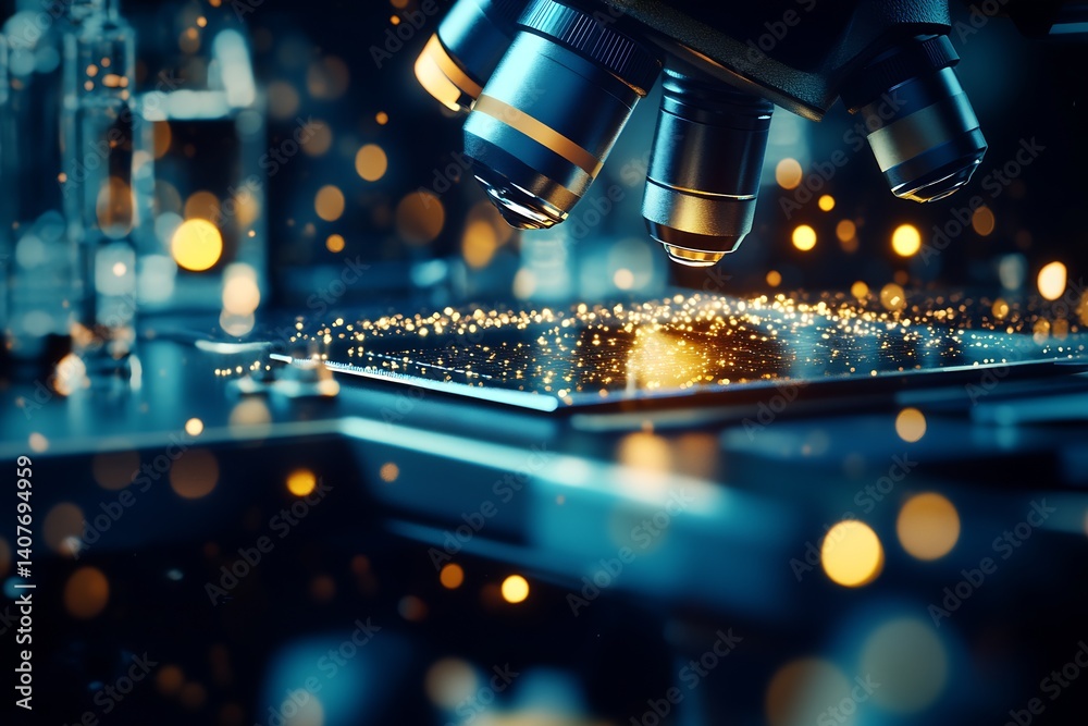 Fototapete Elegant microscope capturing a detailed image with shimmering bokeh effects perfect for scientific presentations : Generative AI