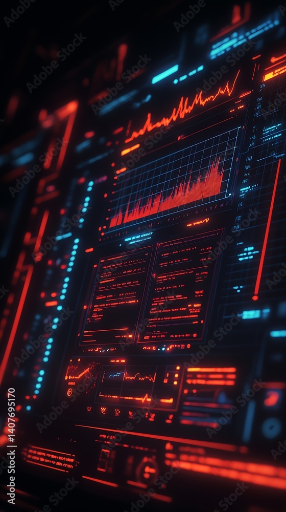 Poster High-tech digital interface showcasing vibrant data trends in red and blue visualizations : Generative AI