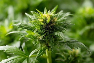 Cannabis plant with budding flowers thriving in a lush green environment during the daytime