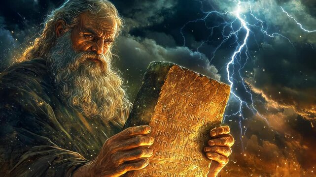 Moses receiving the Ten Commandments on Mount Sinai, thunder and lightning in the sky, stone tablets glowing, intense and divine atmosphere, high-definition, iconic biblical event