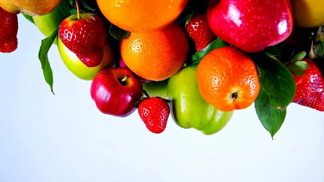 Rotating colorful fruit medley featuring oranges, apples, and pineapples on white background